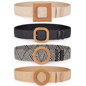 2698 4 Pack Rattan Straw Raffia Summer Belts For Women 2025 Elastic Stretch